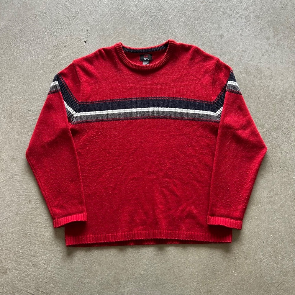 Vintage Y2K Emergency Exit Sweater Size XL Red Striped‎ Crewneck Pullover Skater
